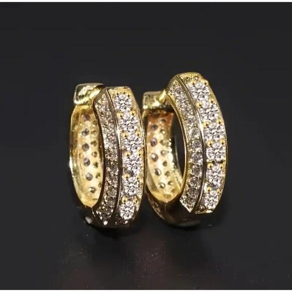 Men’s Iced Cubic Zirconia CZ Huggie Hoop Earrings Gold Unisex Party - Picture 1 of 3